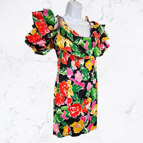 TopShop Bardot Cotton Blend Colorful Floral Ruffle Off the Shoulder Dress - Picture 4 of 9